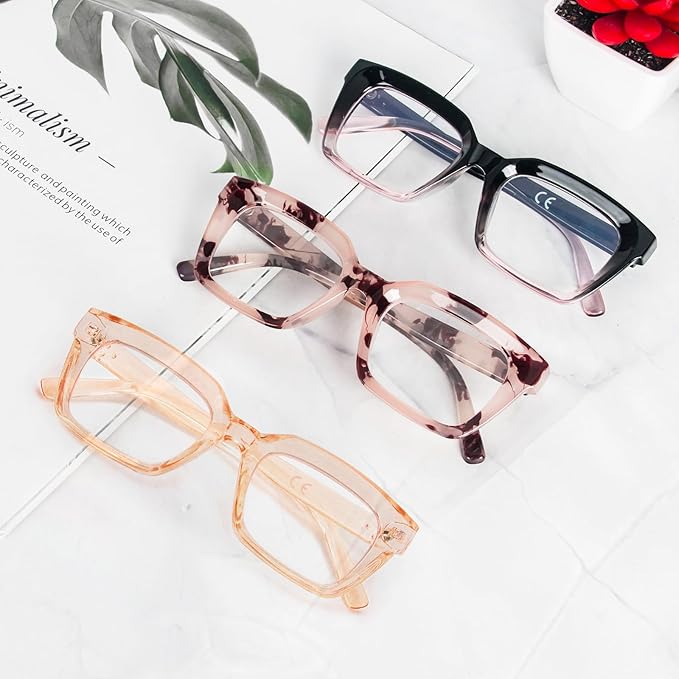 REAVEE 3 Pack Oprah Style Oversized Reading Glasses for Women Men Blue Light Blocking, Ladies Stylish RetroSquare Large Computer Readers (Pink Leopard/Black Pink/Tea 1.75x)