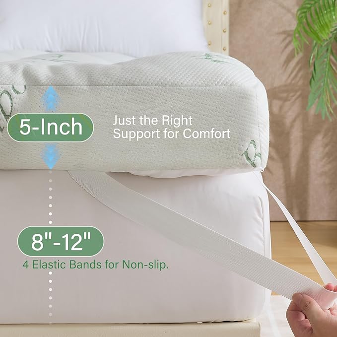 WhatsBedding 5 Inch Memory Foam Mattress Topper Queen Size for Back Pain Relief, Cooling Breathable Bamboo Viscose Air Layer, Comfort Thick Pillow Top Mattress Topper, 2000 GSM Fill