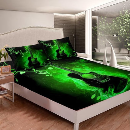 Electric Guitar Fitted Sheet Set Full Size 4 Pcs,Rock Music Theme Guitar Musical Notes Teens Sheets,Neon Green Glowing Modern Artistic Bedding Sets (1 Fitted,1 Flat,2 Pillowcases)