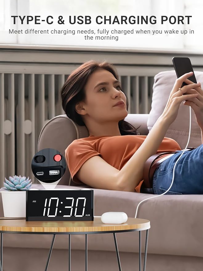 Vibrating Alarm Clock,PPLEE Loud Alarm Clock for Heavy Sleepers Hearing Impaired Deaf Teens,Bed Shaker Alarm Clocks for Bedrooms,5 dimmable,7 Color Night Light,USB charging,Type-C Charger,Memory Alarm