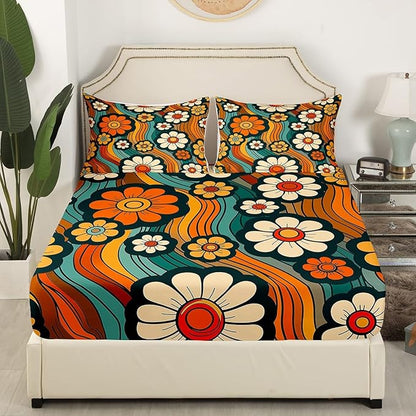 Groovy Daisy Flowers Fitted Sheet Queen Size,70s 80s Vintage Floral Hippie Psychedelic Bedding Set,Boys Girls Room Decor,Rainbow Boho Exotic Bed Cover,Bohemia Retro Bed Sheet,2 Pillowcases