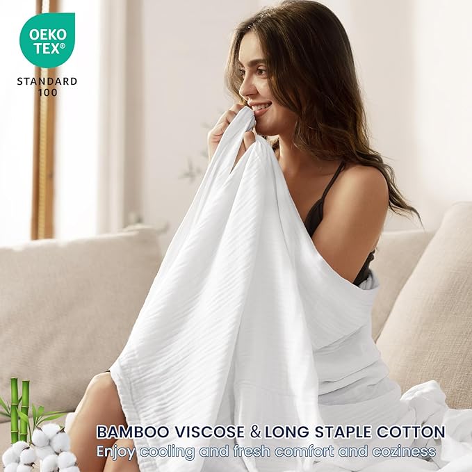 PHF Cooling Muslin King Blanket for Hot Sleepers, 60% Rayon Derived from Bamboo, 40% Cotton for Summer, 4-Layer Breathable Gauze Blanket for Bed Couch, 108"x90", White