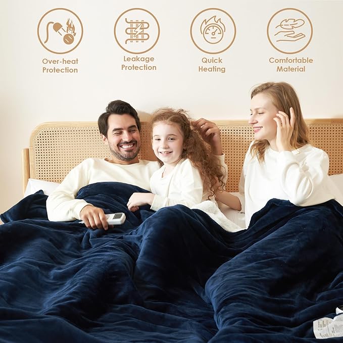 EHEYCIGA Heated Blanket Electric Blanket Twin - Heating Blanket with 5 Heating Levels & 10 Hours Auto Off, Soft Cozy Sherpa Washable Blanket with Fast Heating, 62 x 84 Inches, Navy Blue
