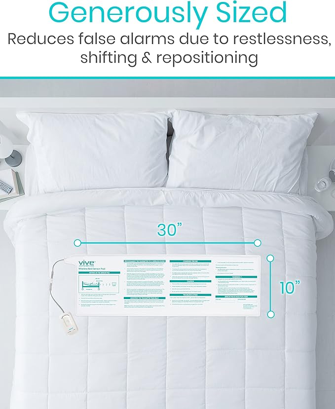 Vive Wireless Bed Alarm - Motion Sensor Kit for Elderly Dementia Patients - Weight Movement Pressure Pad Detector - Automatic Health Alert System for Mat Elderly
