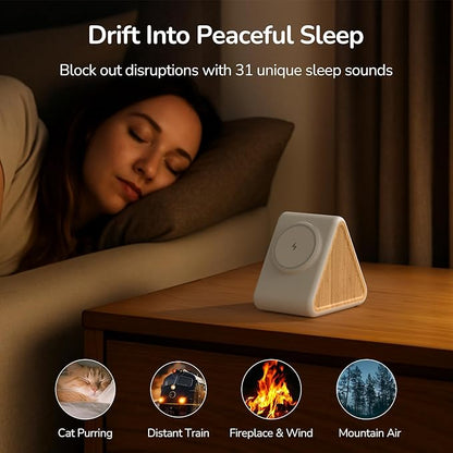 Housbay 2-in-1 White Noise Sound Machine & Magnetic Wireless Charger, Stereo Sleep Sounds, Clutter-Free Bedside Charging Station for iPhone - White Oak