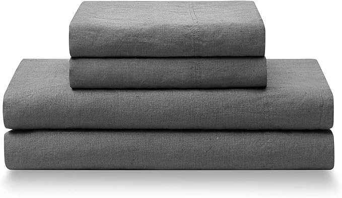 YnM French Linen Sheet Set - 4-Piece Set Includes Flat Sheet, Fitted Sheet, and 2 Pillowcases – California King, Dark Grey