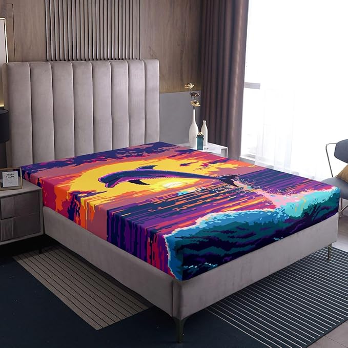 Pixelated Dolphin Kids Full Size Fitted Sheet,Video Games Pixel Blocks Room Decor,Cartoon Animal Sunset Ocean Boys Girls Bed Sheets,Purple Orange Bedding Set,2 Pillowcases(No Flat)