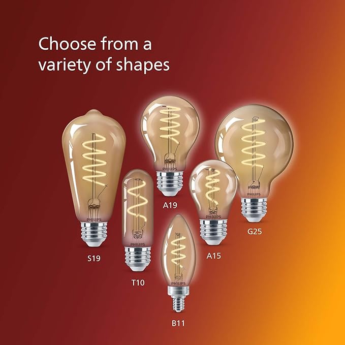 PHILIPS LED 60W A19 1-Pack Vintage Edison Spiral Amber (2000K) 400 Lumen (6.5W = 60W) Dimmable Flicker-Free Light Bulb