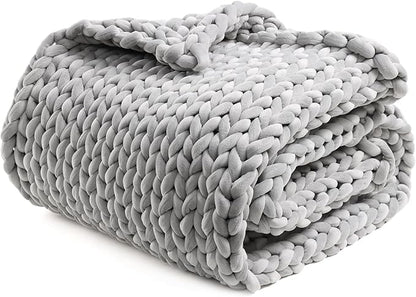 YnM Velvet Weighted Blanket, Handmade Chunky Knitted Design, Soft and Cozy, Temperature Regulating and Breathable, Machine Washable Throw for Sleep or Home Decor (Light Grey, 80x87 Inch, 25lbs)