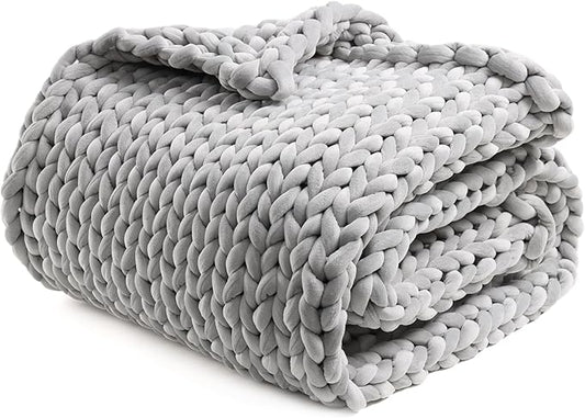YnM Velvet Weighted Blanket, Handmade Chunky Knitted Design, Soft and Cozy, Temperature Regulating and Breathable, Machine Washable Throw for Sleep or Home Decor (Light Grey, 80x87 Inch, 25lbs)