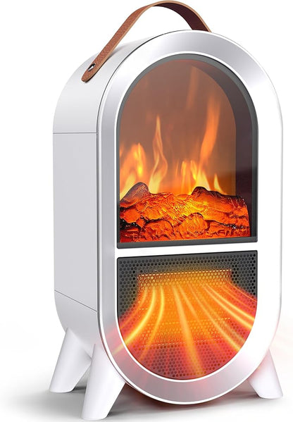 Portable Electric Fireplace Heater, 1500W/750W Mini Space Heater for Indoor Use with 3D Flame, Thermostat, Carry Handle, Overheat & Tipover Protection, for Home Office Bedroom Desk, White