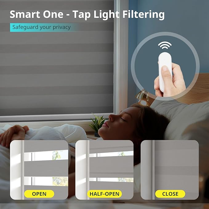 Motorized Zebra Blinds with Remote, Smart Dual Layer Automatic Shades with Privacy Light Control, Cordless Electric Blackout Blind for Indoor Windows, Grey, 20" W x 72" H