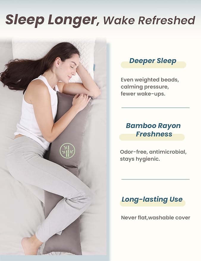 ZonLi Colling Weighted Body Pillow with Bamboo Cover(41" x 10") 6.5lbs, Quilted Glass Beads Body Pillows for Adults Weighted Pillow for Deep Sleepers, Full Body Pillow for Side Sleepers