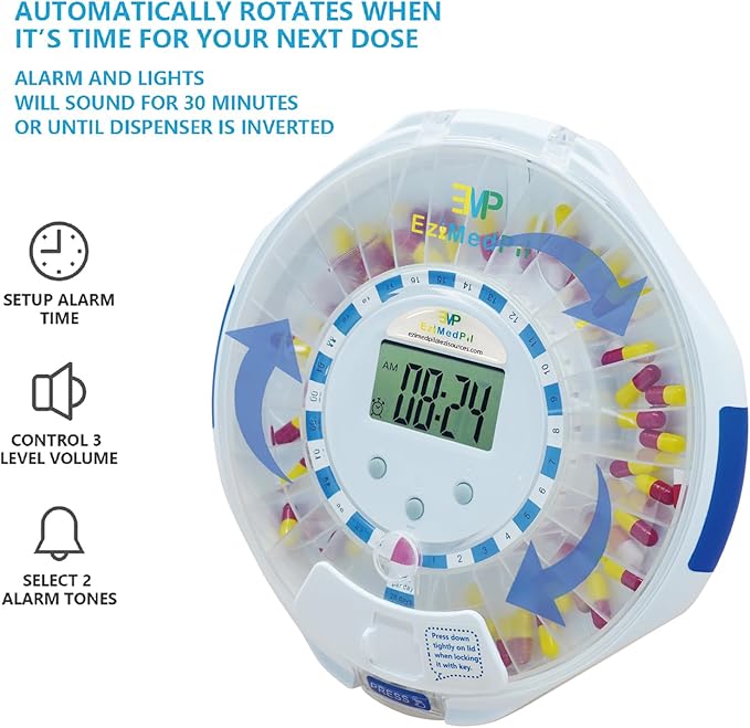 EziMedPil Bluetooth Pill Dispenser w/Sound & Light Alerts, up to 9 Alarms/Daily, Key Lock, LCD & Easy Setup on SmartLife App, 28-Day Medication Dispenser for Prescriptions, Vitamins & More, Clear Lid