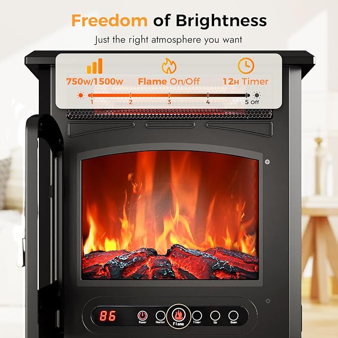Electric Fireplace Stove Heater - Freestanding Electric Fireplace Heater with 3D Flame Effect, 1500W Infrared Electric Stove Heater for Indoor Use with Thermostat, Tip-Over&Overheat Protection