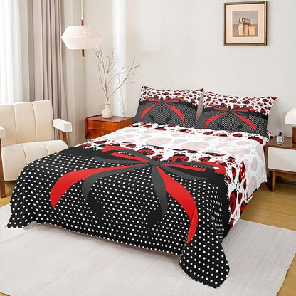 Manfei Red Black Bowknot Kids Sheet King Size,Ladybug Ladybird Beetle Insect Rustic Girls Boys Bedding Set Decor,Geometric Polka Dots Bow Tie Cute Bed Sheet Set 4pcs(Fitted + Flat + 2 Pillowcases)