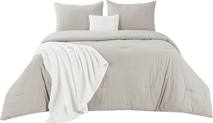 Bedsure 5 Pieces Cotton Comforter Set with Waffle Throw Blanket - Soft Breathable Bedding Set for All Seasons, Beige Comforter Full Size, Pillow Shams, White 100% Cotton Blanket, Throw Pillow