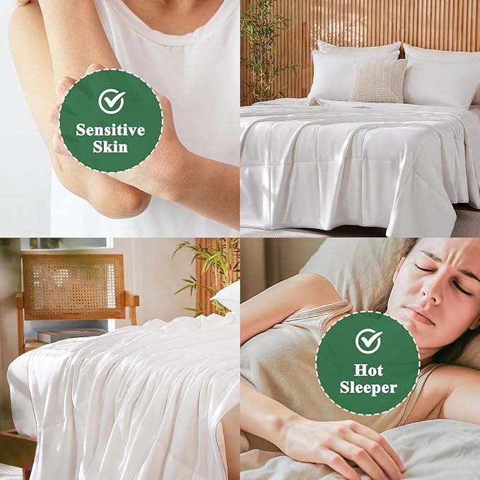 DWR Queen Size Cooling Comforter for Hot Sleepers– 100% Rayon Derived from Bamboo Fabric with 15% Silk Fill, Lightweight Summer Blanket(White, 90x90)