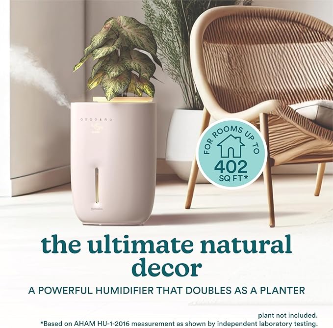 Homedics Natura Ultrasonic Warm & Cool Mist Humidifier, 1.3-Gal for Large Rooms, 60-Hr Runtime, Plant Holder, Programmable Humidity, Auto Shutoff, Nightlight Small Plant Compatible(Plant Not Included)
