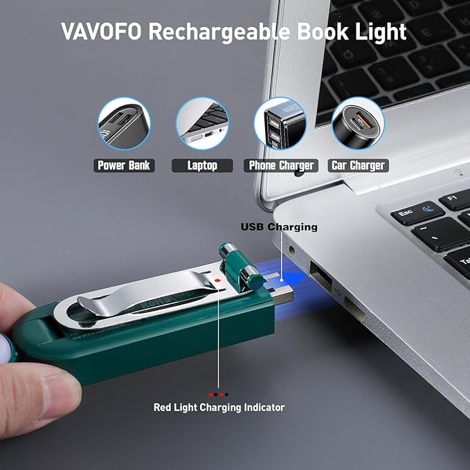 VAVOFO USB Rechargeable Book Light, Blue Light Blocking, Amber Light Clip On Bookmark Shaped Reading Light, Eye Care 6 LEDs Book Light for Bookworms Reading in Bed with 9 Lighting Modes (Dark Green)