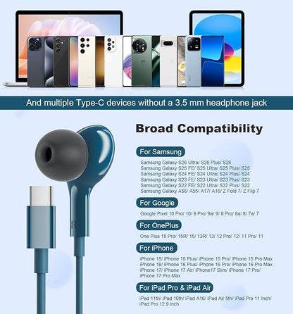 USB C Headphones for iPhone 15 Plus 16 Pro 17 Pro Max Samsung Galaxy Headphones S24 S23 Ultra S26 S25 S22 A56 A55 A26 A16 Pixel Xiaomi Wired Earbuds Magnetic in-Ear Type C Earphones with Microphone