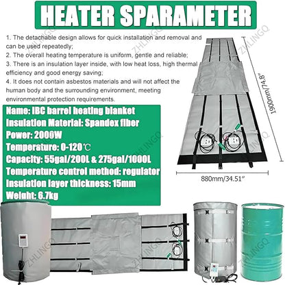 IBC Tote Heater Blanket, IBC Container Heater, IBC Tote Freeze Protection, Smart Temperature Control up to 150°C, IBC Tote Blanket with Thermostat, Barrel Heating Equipment Grey-55Gallon/200L