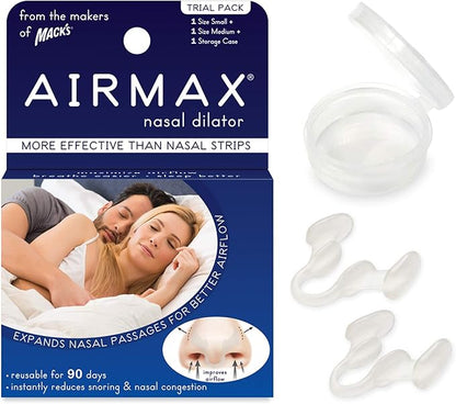 AIRMAX Nasal Dilator for Better Sleep - Natural, Comfortable, Anti Snoring Device, Snoring Solution for Maximum Airflow and Easier Breathing 2 Size Trial Pack (Small and Medium - Clear)
