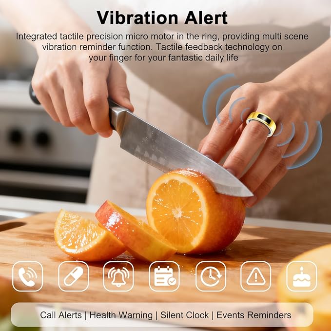 Smart Health Ring for Women Men, Vibration Alert, Touch Control, Fitness Tracker Ring with Sleep/Women's Health/Heart Rate/Steps, IP68 Waterproof for iPhone and Android, Gold 7, No Subscription
