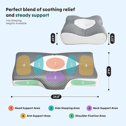 Sweetcrispy Cervical Pillow for Neck and Shoulder,Contour Memory Foam Pillow,Ergonomic Neck Support Pillow for Side Back Stomach Sleepers with Pillowcase, Grey
