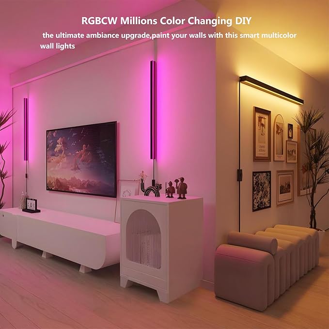 Modern LED Wall Light,RGBCW Wall Sconce Plug In or Hardwire Works with Alexa,Google Home,Remote & App,35.4In Long,Black Accent Wall Mount Lamp Dimmable for Living Room Bedroom Hallway,Music Sync,1pcs