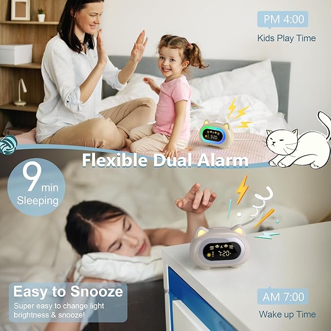 Alarm Clock for Kids, Ok to Wake Clock for Kids with Eye Protection Sleep Training Auto Off Feature 10 Night Light Dual Alarm, Kids Alarm Clock Cute Cat Gifts for Girls