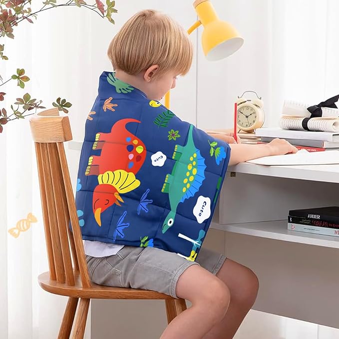 ROKDUK Weighted Lap Blanket for Adults Kids, Weighted Lap Pad for Dog Pet 17"x22" 2lbs Small Weighted Blanket for Sleeping Shoulder Back Relaxation Travel Office Blue Dinosaur