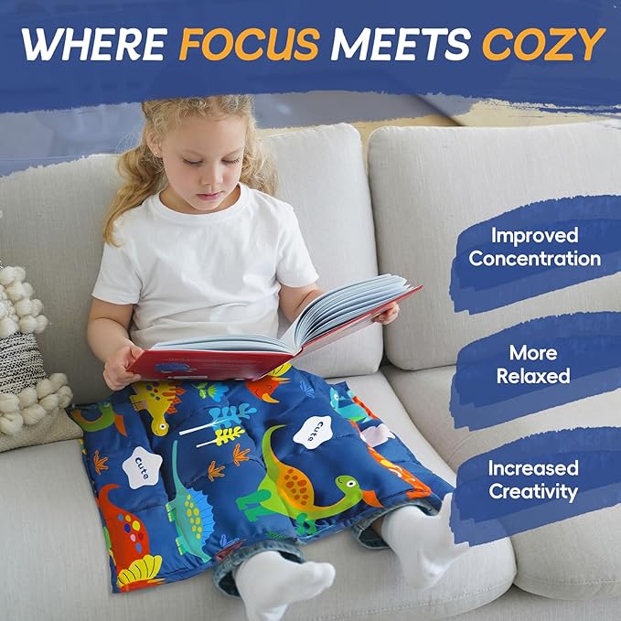 ROKDUK Weighted Lap Blanket for Adults Kids, Weighted Lap Pad for Dog Pet 17"x22" 2lbs Small Weighted Blanket for Sleeping Shoulder Back Relaxation Travel Office Blue Dinosaur