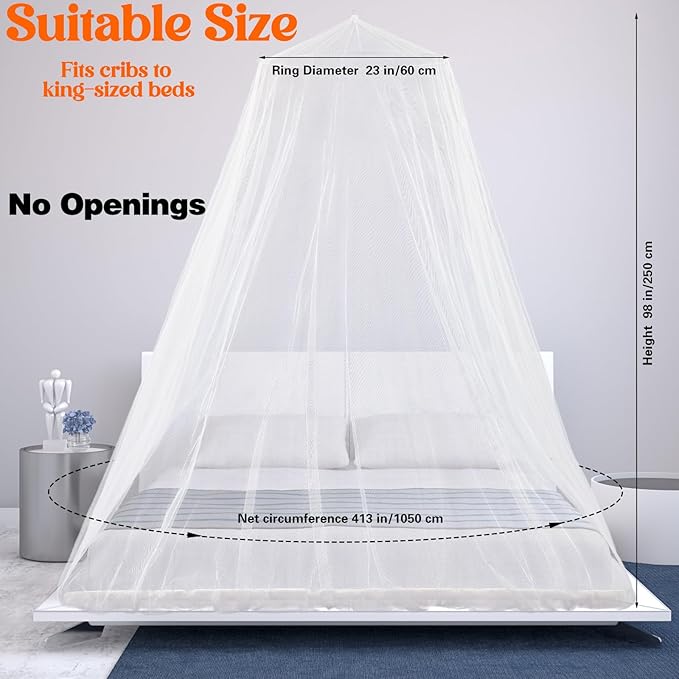 Fully Enclosed Mosquito Net Round Dome Canopy for King-Sized Beds No Opening Conical Design Bed Canopy for Insect Protection Easy Installation with Hanging Kit & Adhesive Ceiling Hook(White)