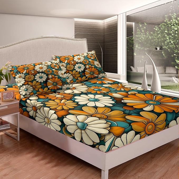 Vintage Flowers Groovy Fitted Sheet Full Size,70s 80s Daisy Floral Hip-hop Retro Bedding Set,Boys Girls Room Decor,Boho Exotic Hippie Psychedelic Bed Cover,Artwork Bed Sheet,2 Pillowcases
