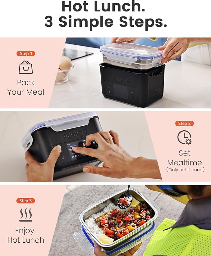 LUNCHGO® G1-Standard(74 Wh), Smart Electric Heated Lunch Box – Cordless, 5 Cups Capacity, Battery Powered, 250°F Max, Scheduled Heating, Perfect for Outdoor Work, On-The-Go Meals (Carbon Black)