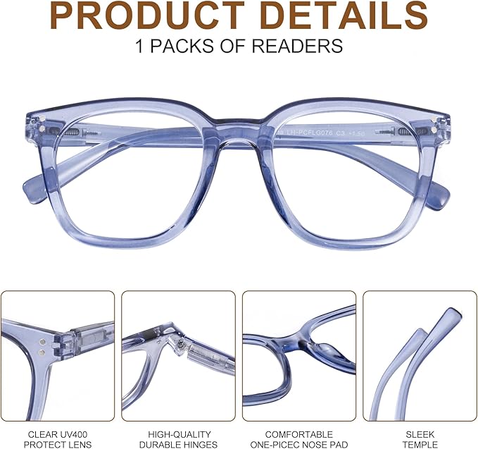Reading Glasses for Men Women Blue Light Blocking with Spring Hinge, Blocking Readers Anti UV Ray Filter Eyeglasses, Square Computer Reader Glasses，Transparent Deep Blue，+3.0