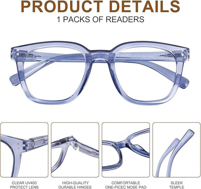 Reading Glasses for Men Women Blue Light Blocking with Spring Hinge, Blocking Readers Anti UV Ray Filter Eyeglasses, Square Computer Reader Glasses，Transparent Deep Blue，+3.0