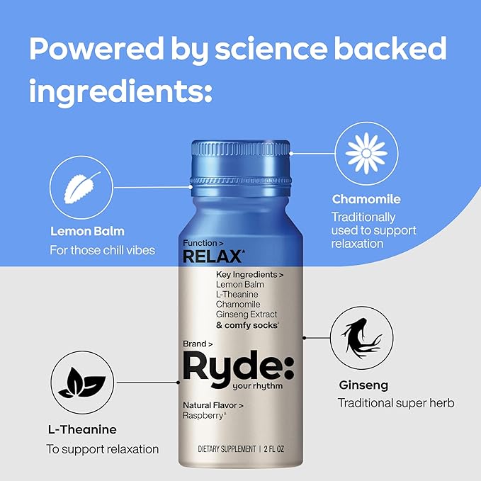 Ryde: Relax Shot | Raspberry Flavor | Lemon Balm, L-Theanine, Ginseng & Chamomile |0 Calories, 0 Sugar | 2 FL OZ Shots | Helps You Relax* (24 Pack)