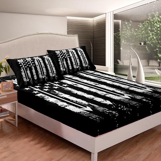 Manfei Archery Fitted Sheet Twin Size, American Flag Arrows Print Bedding Set 2pcs, Sports Gaming Theme Bed Cover with 1 Pillowcase, Kids Boys Teens Room Decor, Soft Bedding(No Top Sheet)