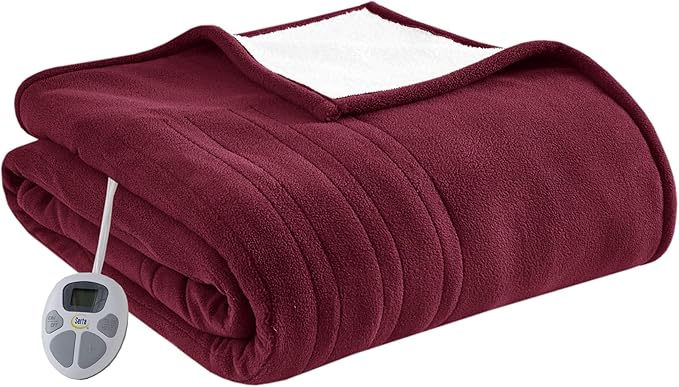 Serta Reversible Fleece to Sherpa Electric Blanket, Fast Heating, Auto Shut Off Timer, Multi Heat Setting, ETL Certified, Machine Washable, Berry Red King 90"x 100"