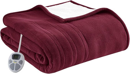 Serta Reversible Fleece to Sherpa Electric Blanket, Fast Heating, Auto Shut Off Timer, Multi Heat Setting, ETL Certified, Machine Washable, Berry Red King 90"x 100"