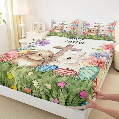 Happy Easter Bed Sheet Full Size Easter Egg Kawaii Rabbit Bedding Set Spring Flower Farmhouse Fitted Sheet Kids Boys Girls Room Decor Green Colorful Soft Sheets with 2 Pillowcase,No Top Flat