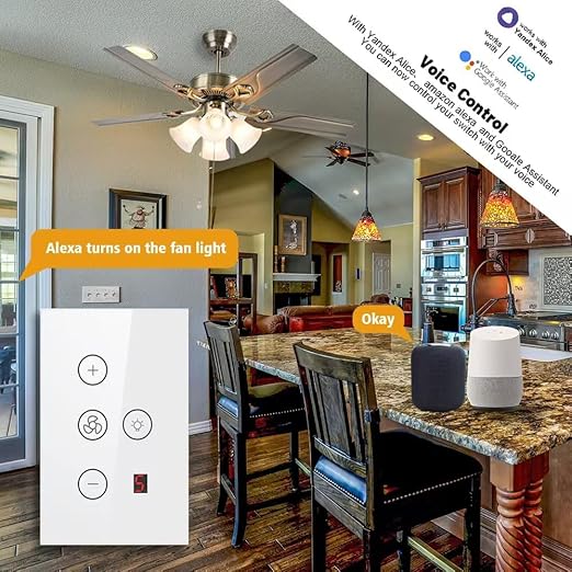 Zibee Smart Ceiling Fan and Light Switch Combo,Adjust Fan Speed,Glass Touch Panel,No Neutral line Needed and Neutral line Needed Dual Mode,ZigBee Hub Required,US.