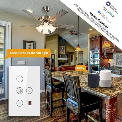 Zibee Smart Ceiling Fan and Light Switch Combo,Adjust Fan Speed,Glass Touch Panel,No Neutral line Needed and Neutral line Needed Dual Mode,ZigBee Hub Required,US.