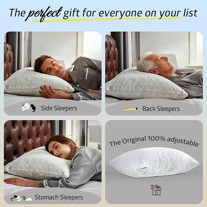 BETU Shredded Memory Foam Cooling Pillows Standard Size Set of 2, Pillows for Hot Sleepers, Adjustable Firm Soft Support Bed Pillows Perfect for Back Neck Pain and Side Sleeping, White