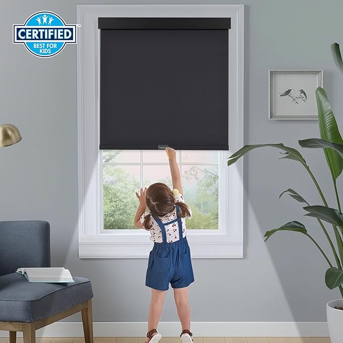 Persilux Blackout Roller Blinds for Windows, Cordless Free-Stop Roller Shades with Valance, Thermal Insulated Fabric Window Blinds, UV Protection Shades for Home and Bedroom (Black,16" W x 64" H)