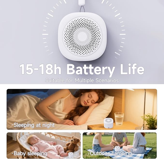 White Noise Machine for Sleep,10 Soothing Sounds, 7 Night Light Colors, 3 Timer Settings, Portable Sound Machine with 15-18 Hour Battery Life, Ideal for Home, Office,Travel