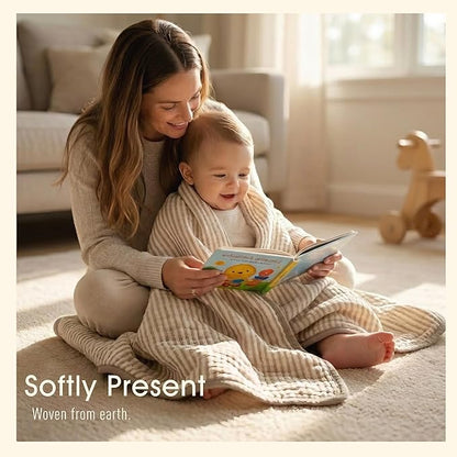 Ultra Soft Muslin Baby Blanket - Made with Organic Cotton, Gender Neutral Warm Coffee Striped Jacquard, Swaddle & Crib Quilt, 43x43 Inches (Horizon Dune)