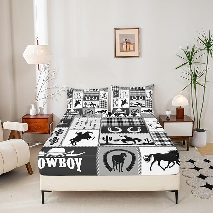 Western Cowboy Kids Sheet Queen Size,Cactus Geometric Plaids Patch Bedding Set,Boys Girls Adults Room Decor,Horseshoe Rustic Farmhouse Black Retro Bed Sheet Set 4pcs(Fitted + Flat + 2 Pillowcases)